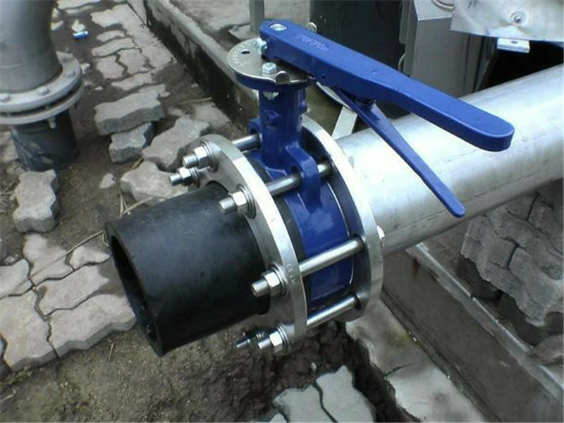A butterfly valve installed in an industrial piping system, showcasing its application.