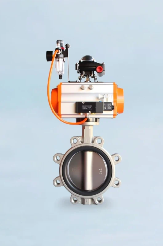 A pneumatic butterfly valve with its actuator mounted and ready for automation.
