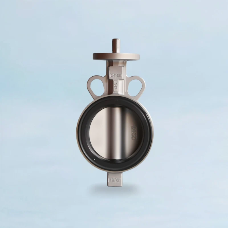 A compact wafer type butterfly valve designed to fit between pipe flanges.